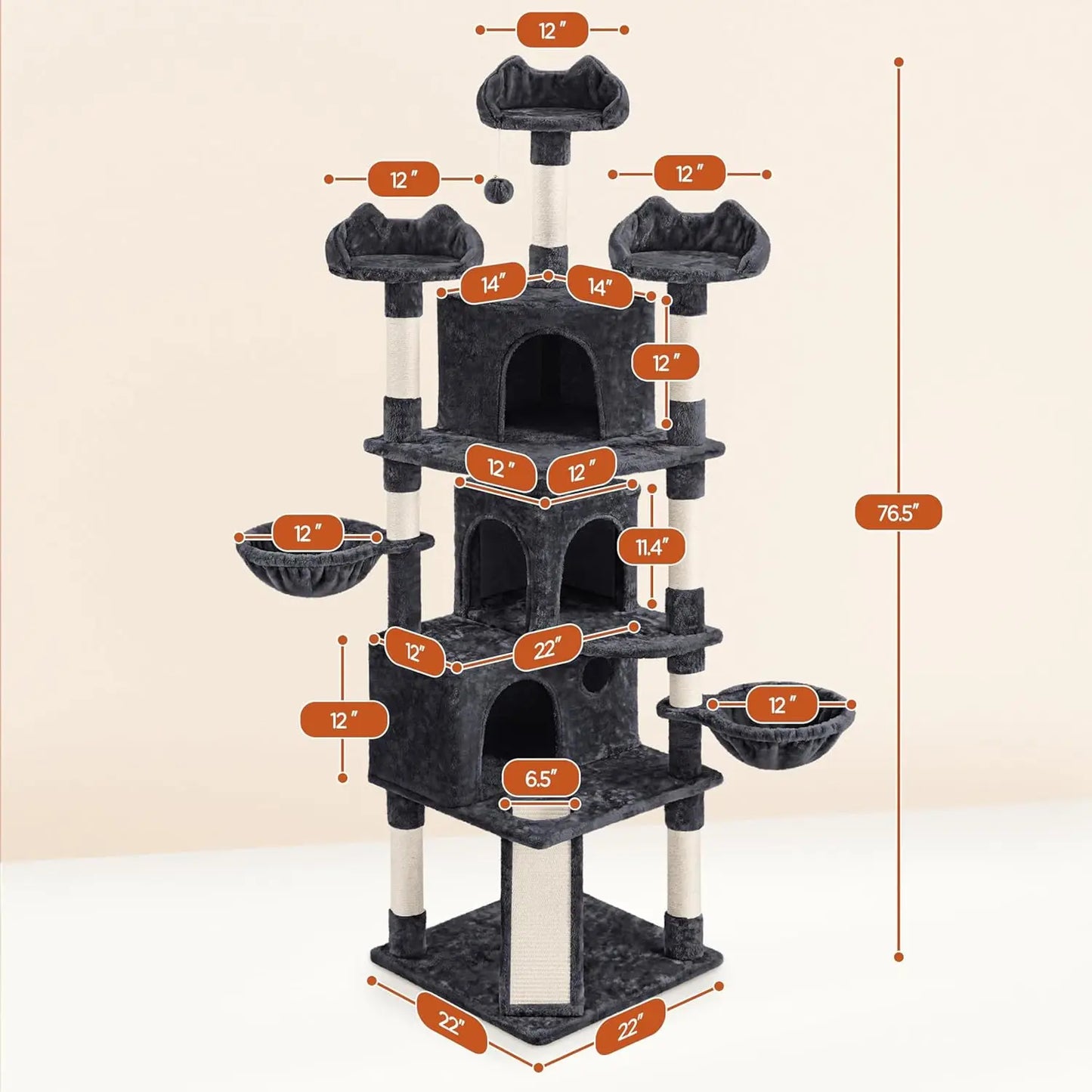 76.5in Large Cat Tree with 3 Condos, Sisal Scratching Posts, Plush Perches & Ladder for Big Cats