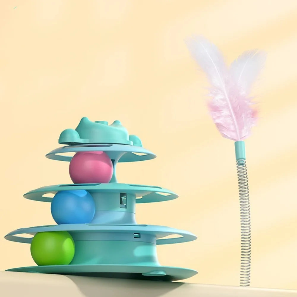1pcs 4-Layer Feather Cat Turntable With Fun Toy Ball And Playing Stick - Interactive Toy For Cats cat toys interactive cat toy