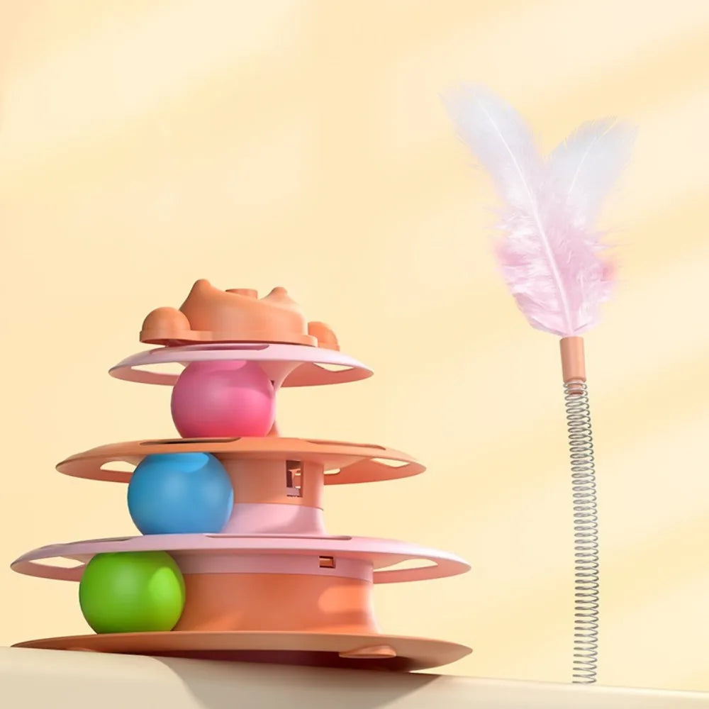 1pcs 4-Layer Feather Cat Turntable With Fun Toy Ball And Playing Stick - Interactive Toy For Cats cat toys interactive cat toy
