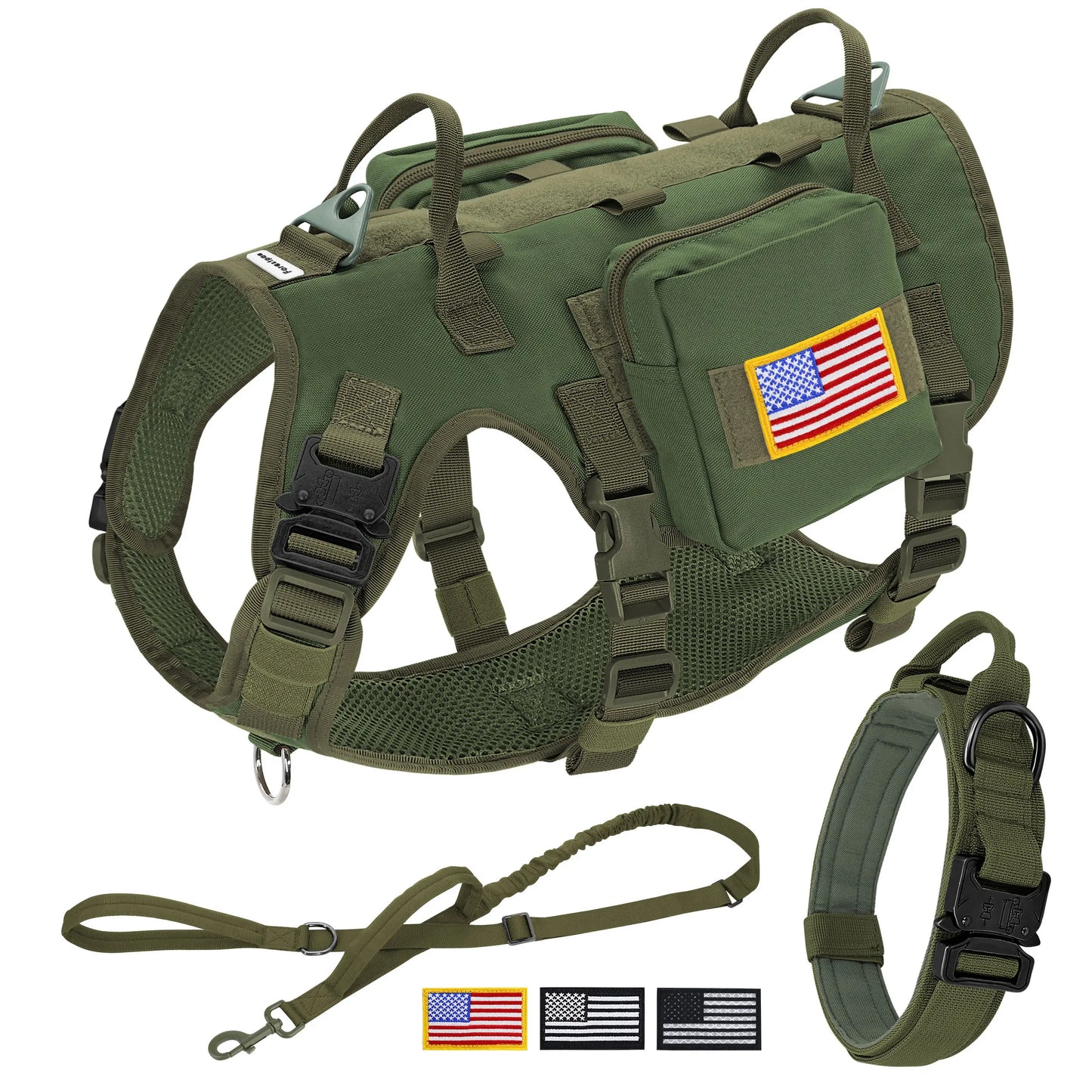 Military Tactical Dog Harness Collar Leash Set with Pouches Flags Durable Pet Harnesses Vest Collars Leashes for Dogs Training