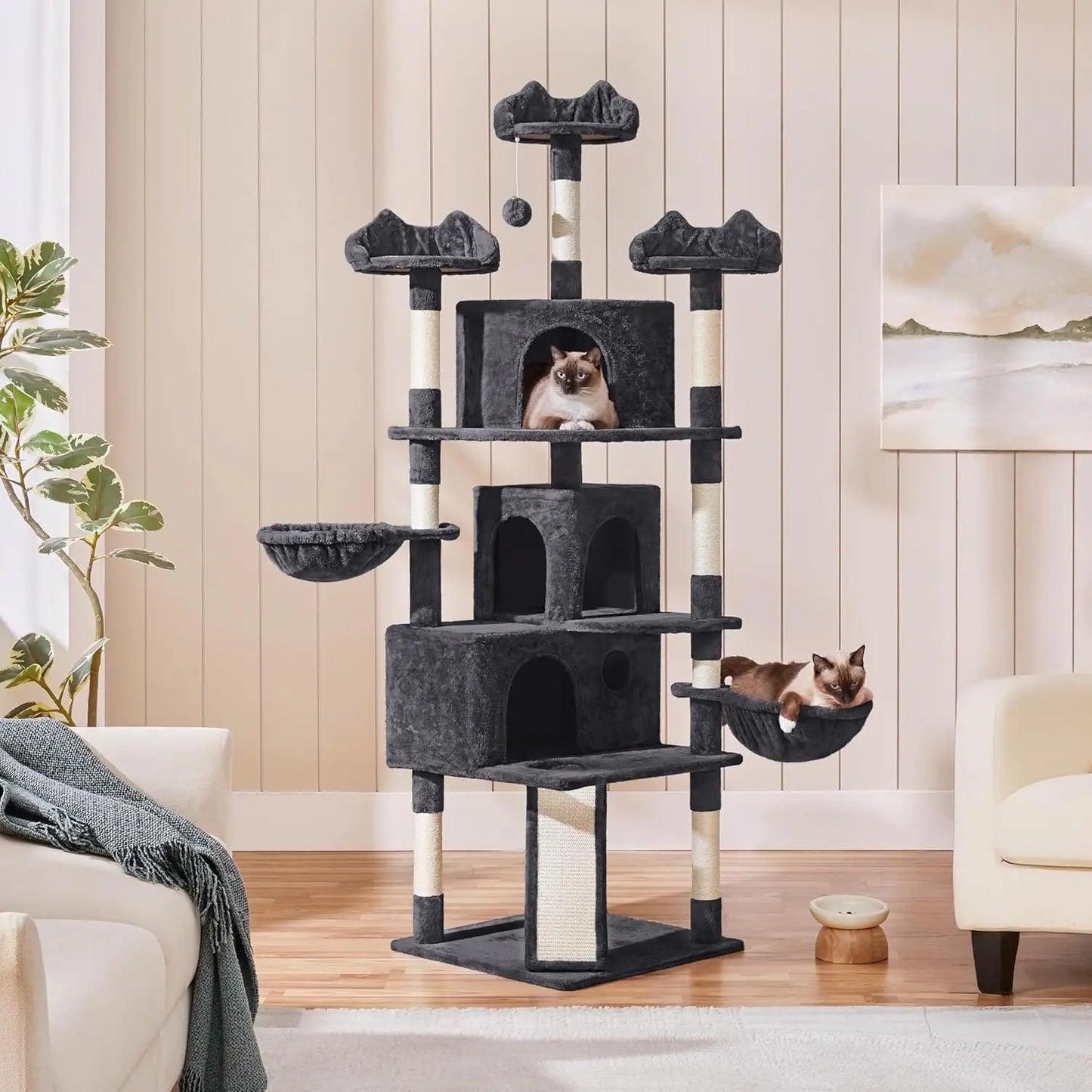 76.5in Large Cat Tree with 3 Condos, Sisal Scratching Posts, Plush Perches & Ladder for Big Cats