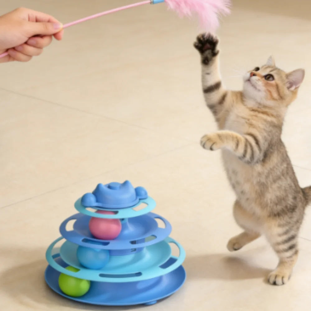 1pcs 4-Layer Feather Cat Turntable With Fun Toy Ball And Playing Stick - Interactive Toy For Cats cat toys interactive cat toy