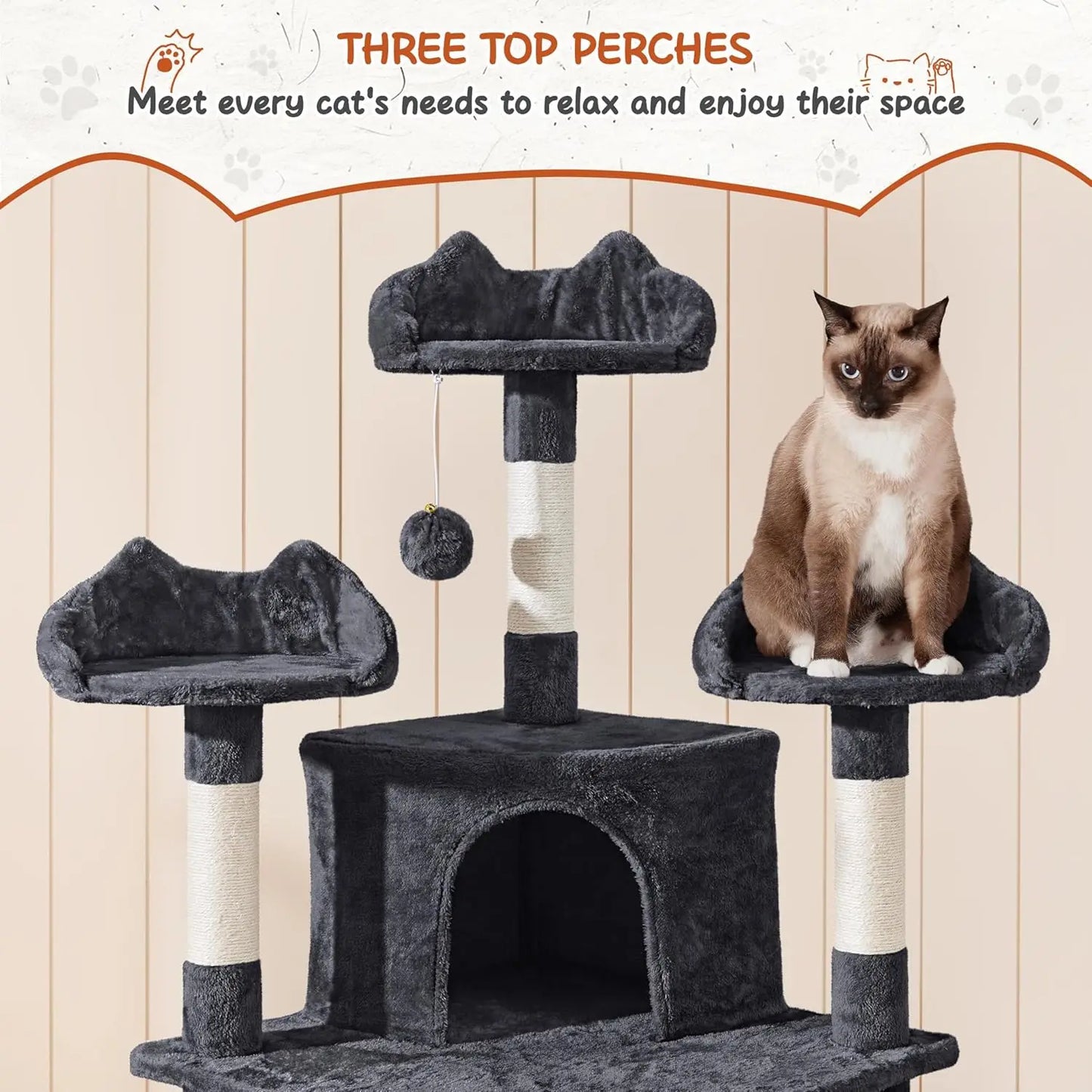 76.5in Large Cat Tree with 3 Condos, Sisal Scratching Posts, Plush Perches & Ladder for Big Cats