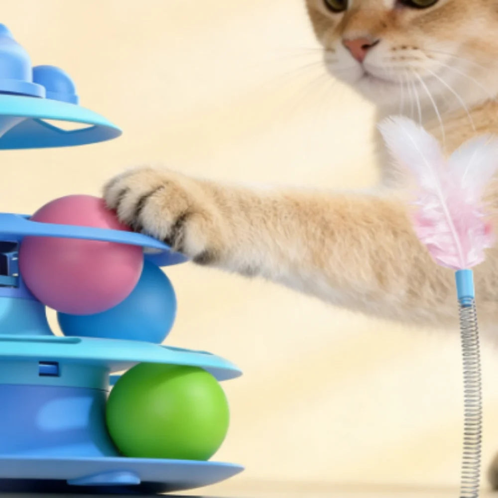1pcs 4-Layer Feather Cat Turntable With Fun Toy Ball And Playing Stick - Interactive Toy For Cats cat toys interactive cat toy