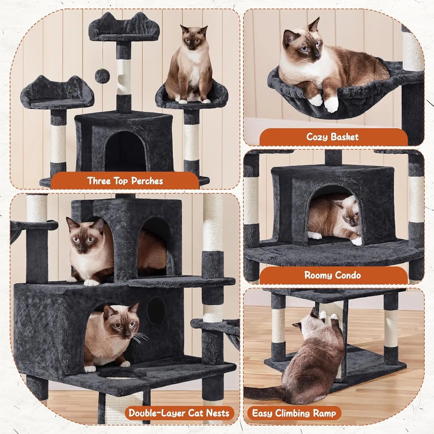 76.5in Large Cat Tree with 3 Condos, Sisal Scratching Posts, Plush Perches & Ladder for Big Cats