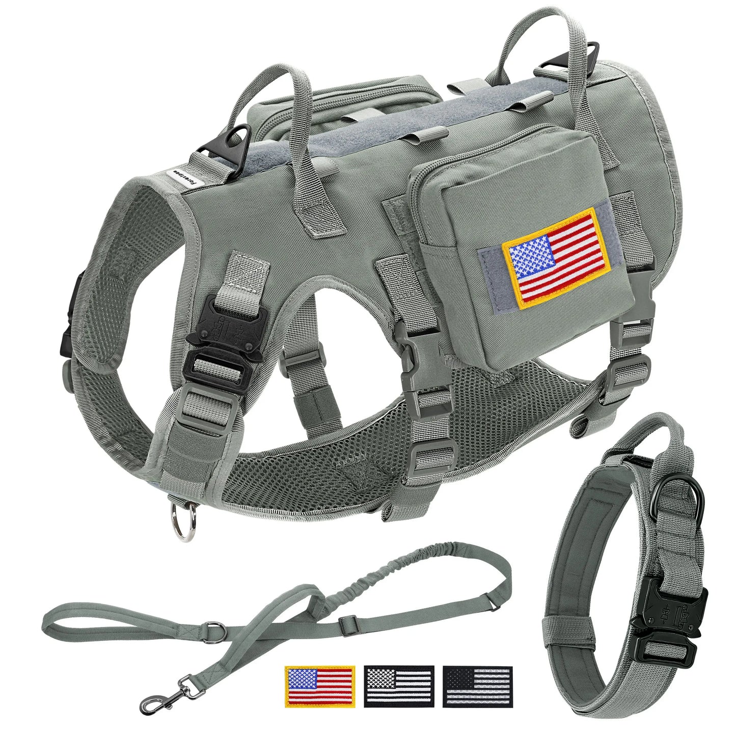 Military Tactical Dog Harness Collar Leash Set with Pouches Flags Durable Pet Harnesses Vest Collars Leashes for Dogs Training