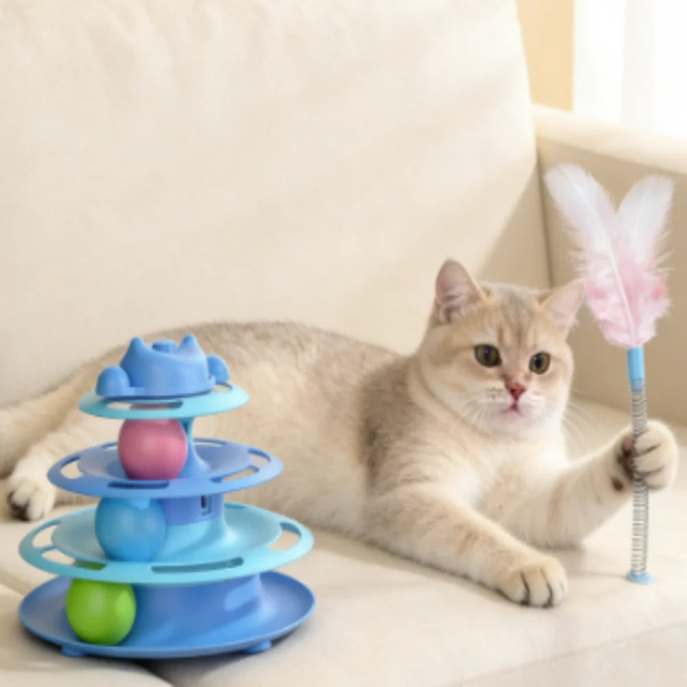 1pcs 4-Layer Feather Cat Turntable With Fun Toy Ball And Playing Stick - Interactive Toy For Cats cat toys interactive cat toy