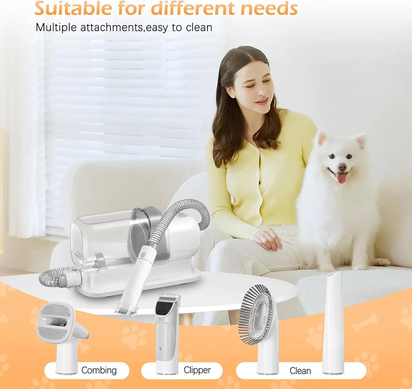 Dog Grooming Vacuum Kit with 2.3L Suction, 5 Tools for Pet Hair Removal, Low Noise Design